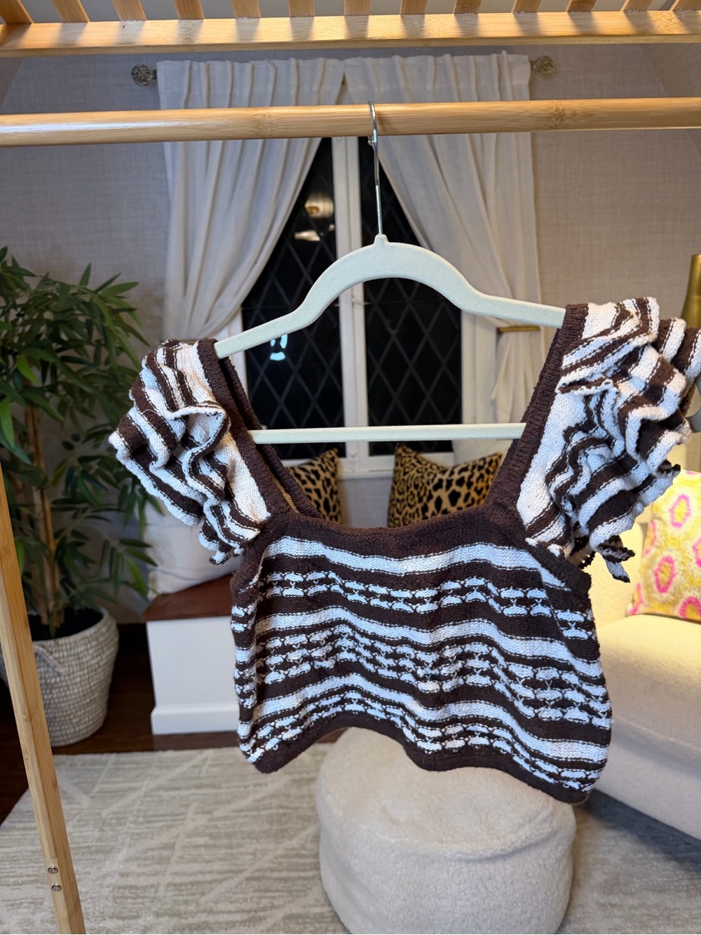Tularosa Brown & Cream Striped Ruffle-Sleeve Crop Top